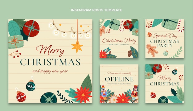 Vector handgetekende kerst instagram posts collectie