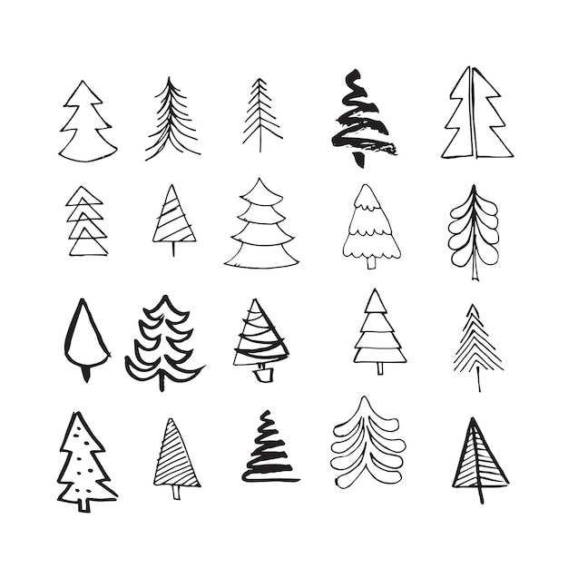 Handgetekende kerstbomen doodle pictogrammen