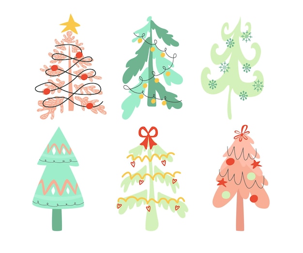 Vector handgetekende kerstbomen versierd met linten, slingers en ballen.