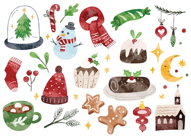 Vector handgetekende kerstdoodle kerstfeest verwante voorwerp in aquarel stijl illustratie