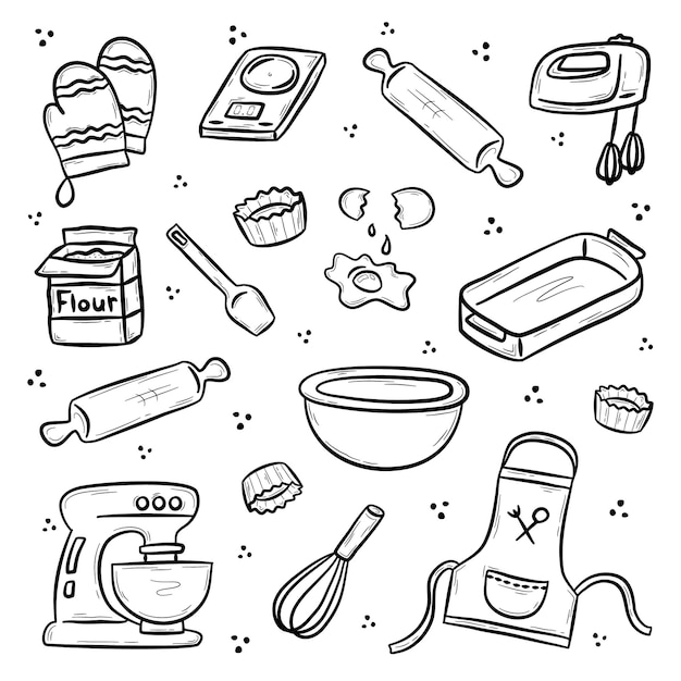 Handgetekende keukengerei en producten om te bakken. Kookgerei, apparaten, kleding. Vectorelementen