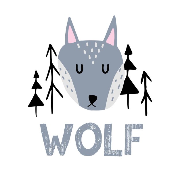 Handgetekende kinderachtige illustratie van een grijze wolf wolf tussen de bomen