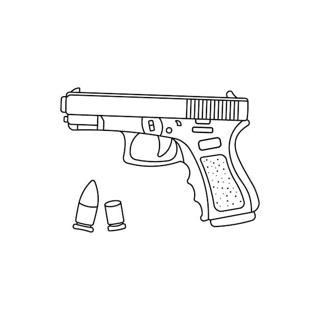 Handgetekende kinderen tekenen Vector Illustratie zwarte pistool glock en kogels platte cartoon geïsoleerd