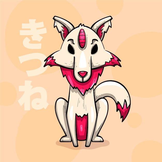 Vector handgetekende kitsune-illustratie