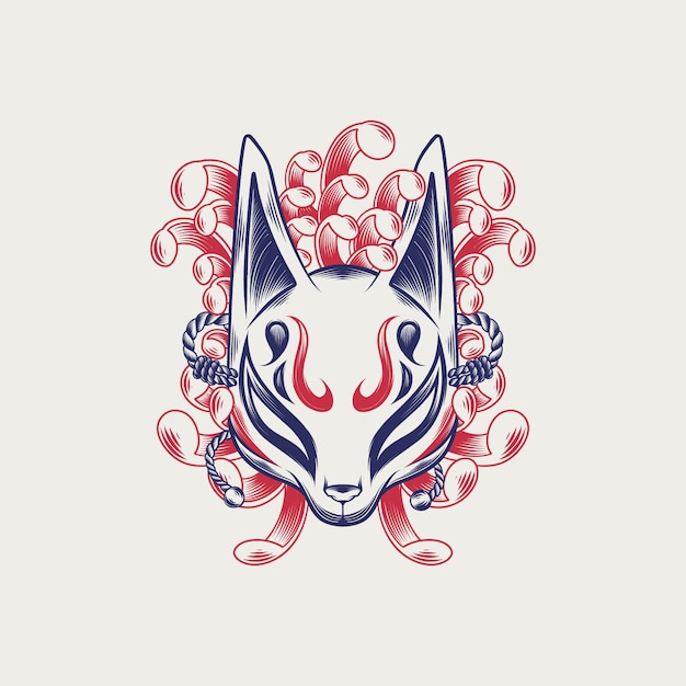 Handgetekende kitsune-maskerillustratie