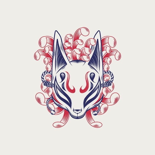 Vector handgetekende kitsune-maskerillustratie