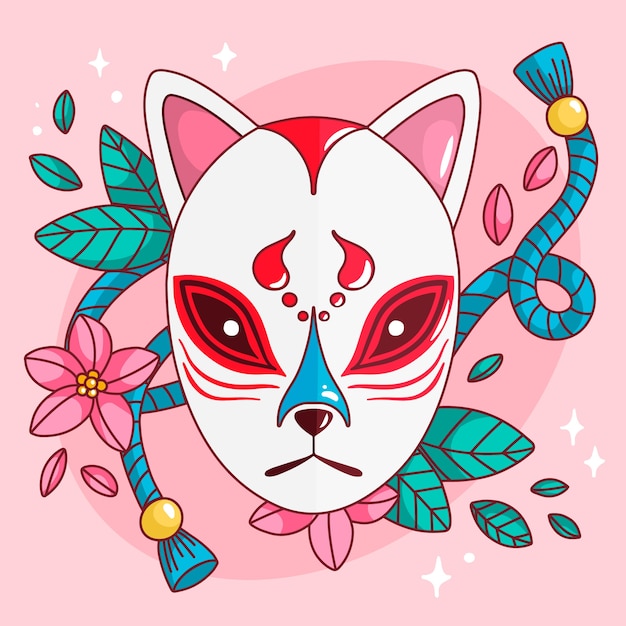 Handgetekende kitsune-maskerillustratie