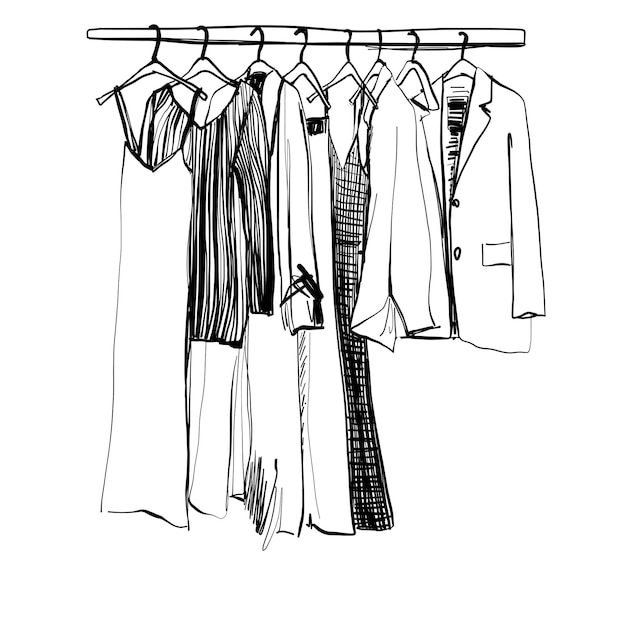 Handgetekende kledingkastschets Kleding aan de hangers Mode