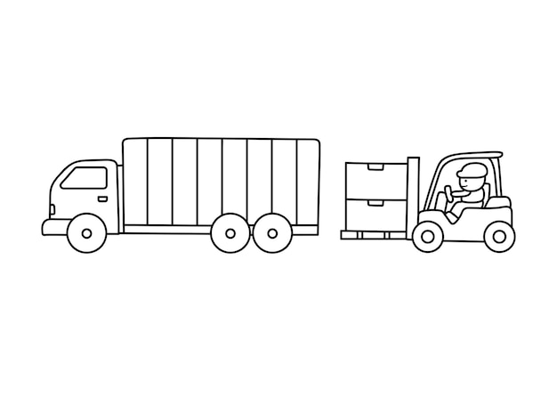 Handgetekende kleur kinderen containervrachtwagen en vorkheftruck machine