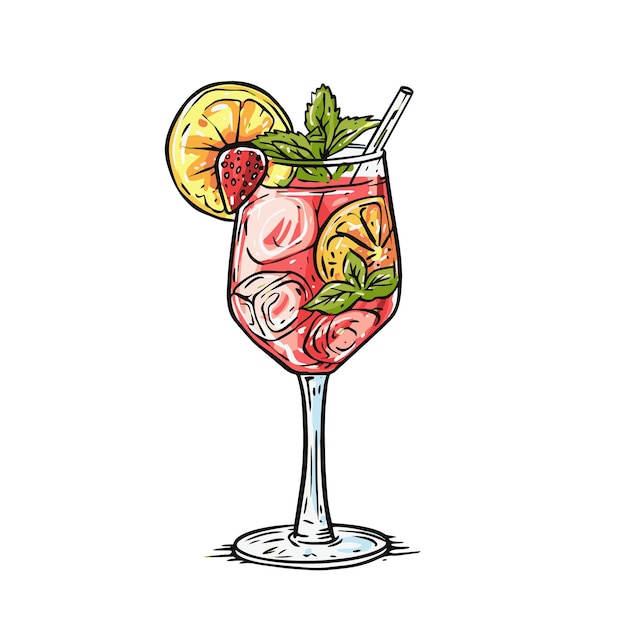 Vector handgetekende kleurrijke drank alcohol cocktail vector illustratie drink met citroensnijd