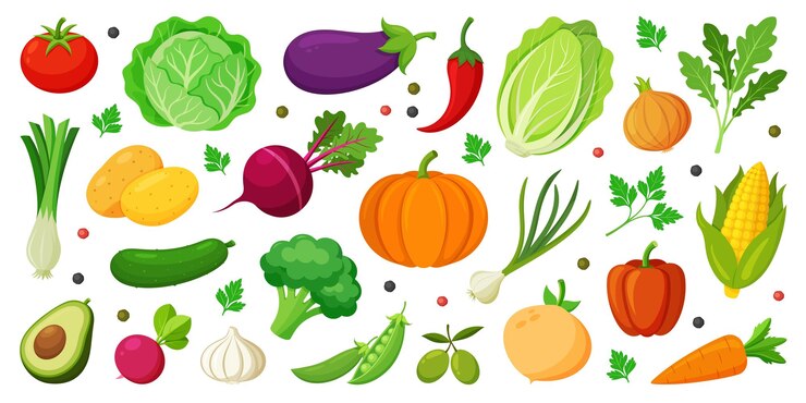 Vector handgetekende kleurrijke groenten iconen set trendy flat stijl biologisch voedsel