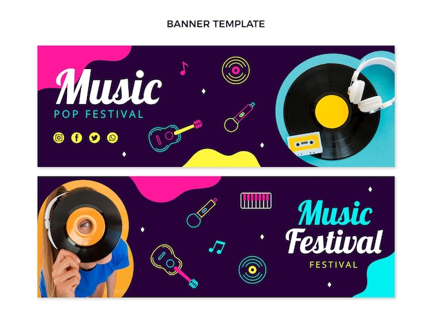 Vector handgetekende kleurrijke muziekfestival horizontale banners