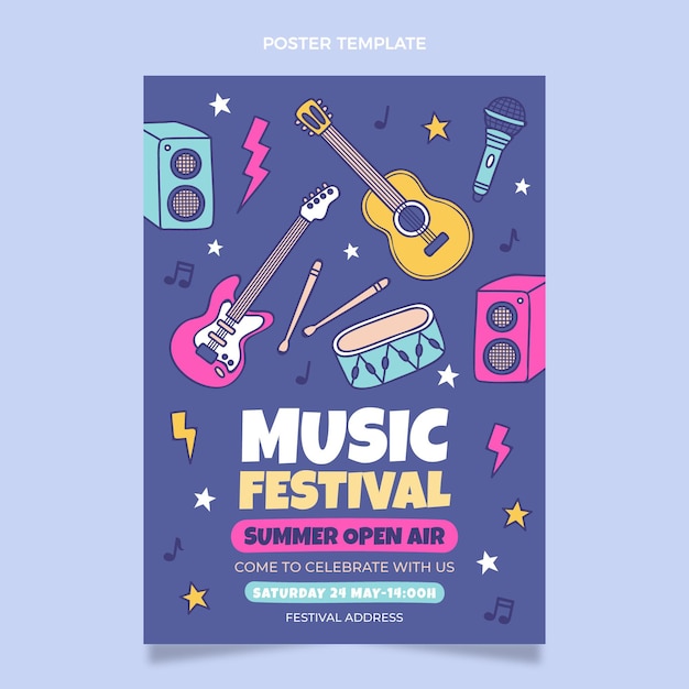 Handgetekende kleurrijke muziekfestivalposter