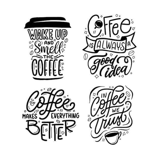 Handgetekende koffie citaten set Vector vintage illustratie