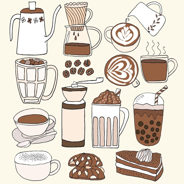 Vector handgetekende koffie- en dessertcollectie in doodle-kunststijl in bruine tint