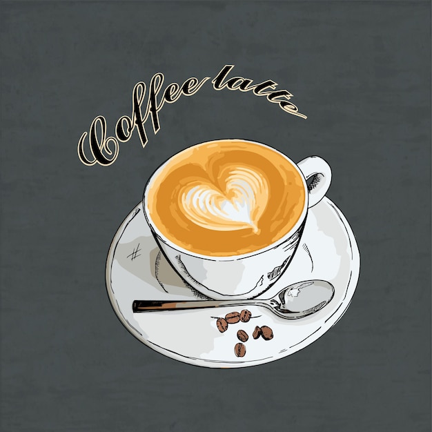 Handgetekende koffie latte doodles kleur handtekening