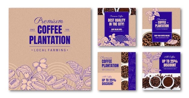 Vector handgetekende koffieplantage instagram posts