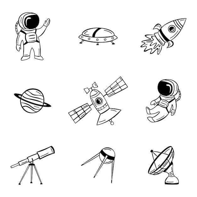 Handgetekende kosmische ruimtepictogrammenset met astronautensatellietraket en planeten in doodle-stijl