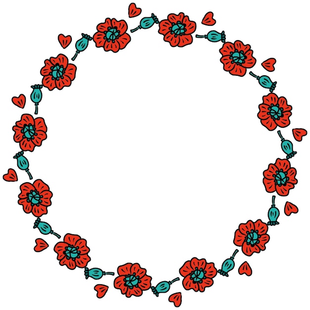 Handgetekende krans met klaprozen poppy dozen en bloemblaadjes Zomer print voor tshirt sticker ansichtkaart poster Geïsoleerde vectorillustratie voor decor en design