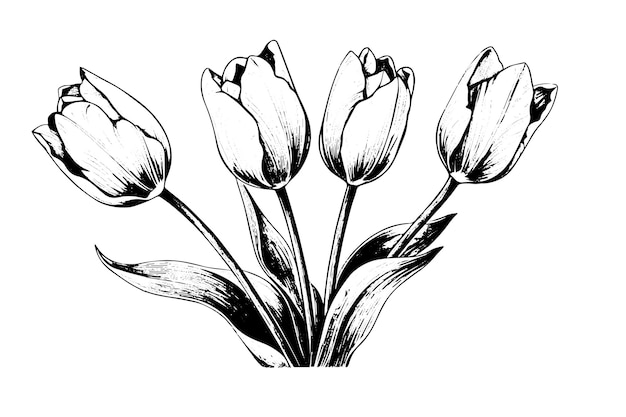 Handgetekende kunst van tulpen takken Bloem geïsoleerd op witte achtergrond Vintage vector illustratie