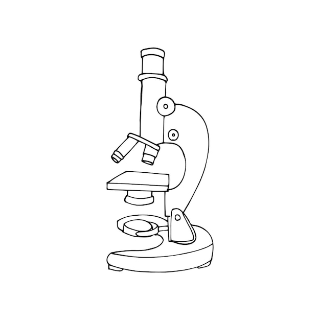 Handgetekende labmicroscoop om de grootte van bacteriën onder de lens te vergroten Geïsoleerde eenvoudige vectorillustratie
