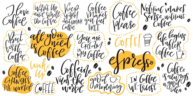 Vector handgetekende letters set over koffie