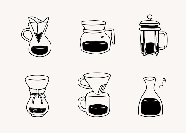 Handgetekende lijn doodle stijl café illustraties zwarte lijn pictogrammen gieten over koffiezetapparaat theepot