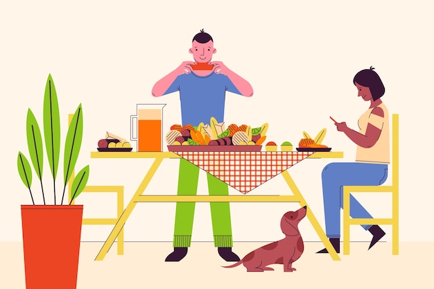 Handgetekende mensen die foto's maken van voedselillustratie