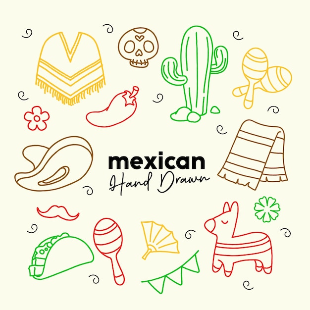 handgetekende Mexicaanse elementen Mexicaanse voedselpakket vector