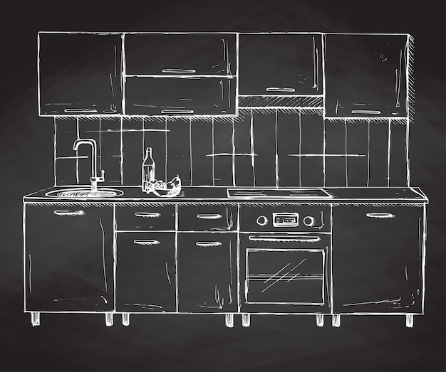 Handgetekende moderne keukenmeubels Vectorillustratie in schetsstijl