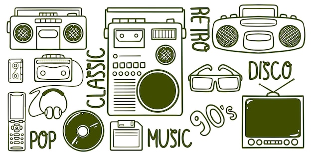 Vector handgetekende muziek 90 retro doodle icoon set geïsoleerd op witte achtergrond