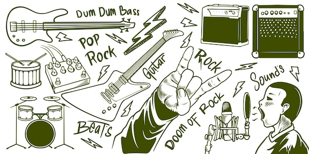 Vector handgetekende muziek pop rock apparatuur doodle icoon set geïsoleerd op witte achtergrond