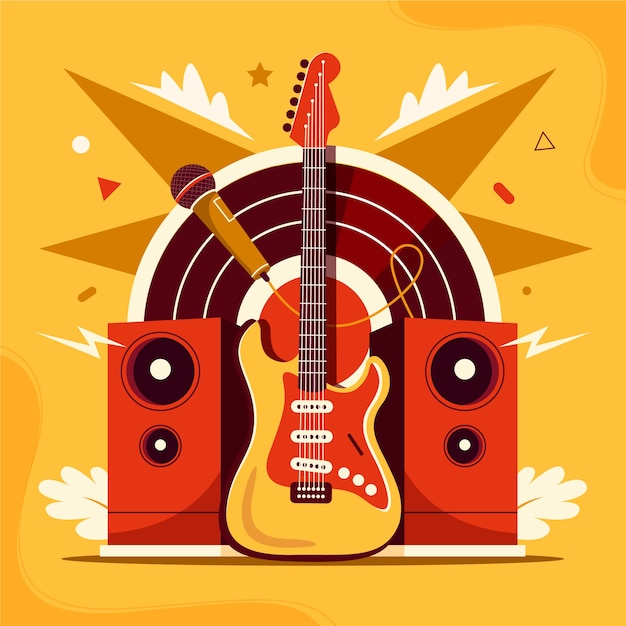 Vector handgetekende muziekcompositie met een elektrische gitaar en luidspreker op gele achtergrond