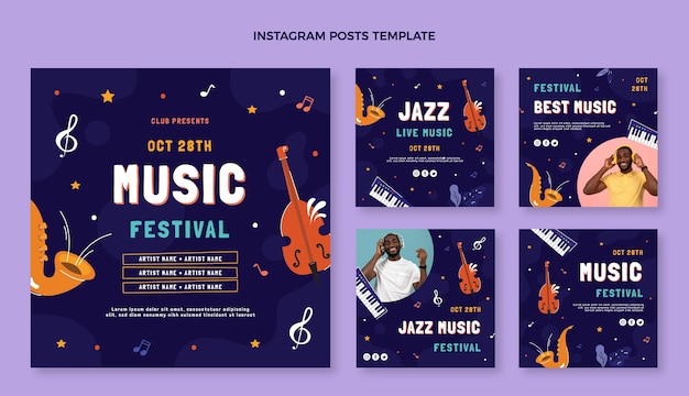 Vector handgetekende muziekfestival instagram-berichten