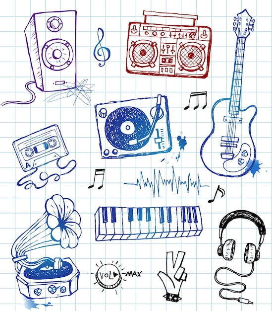 Handgetekende muzikale iconen in funky doodle stijl.