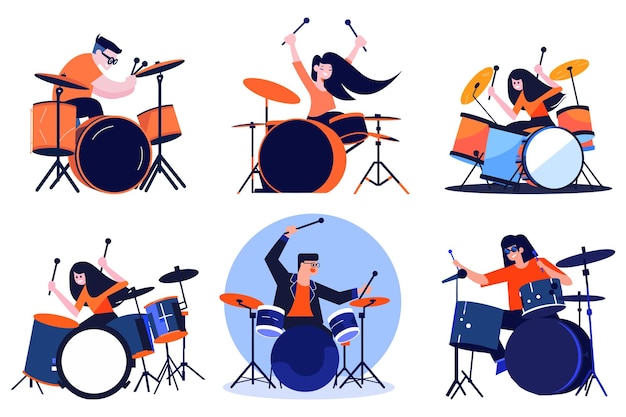 Handgetekende muzikanten die drums spelen in vlakke stijl geïsoleerd op de achtergrond