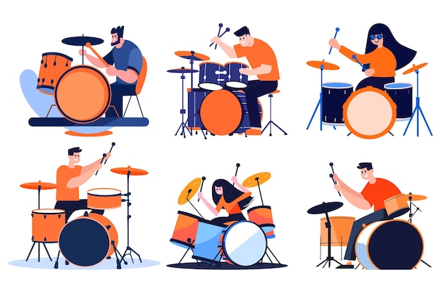 Vector handgetekende muzikanten die drums spelen in vlakke stijl geïsoleerd op de achtergrond