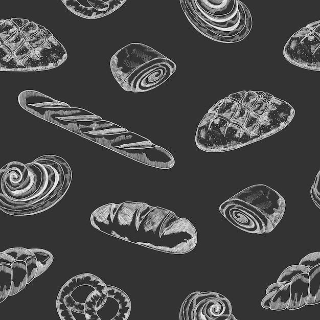 Vector handgetekende naadloze patroon op een zwarte achtergrond achtergrond van de bakkerij product schets vintage voedsel illustratie voor een winkel bakkerijbehang brood huis label menu of verpakking ontwerp