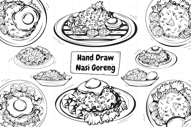 Vector handgetekende nasi goreng illustratieset