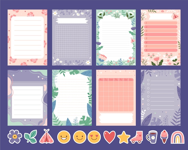 Handgetekende natuurpapierbiljetten met bladeren, bloemen en stickers.