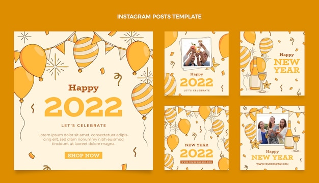 Handgetekende nieuwjaar instagram posts collectie