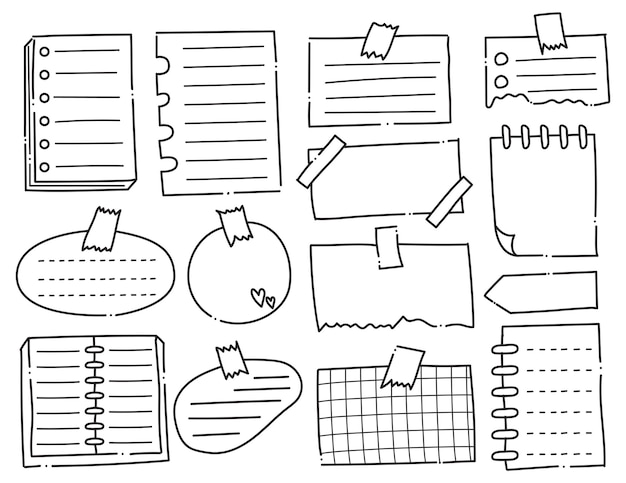 Handgetekende notitiepapier en kleverige notitie Doodles Vector Set van Blank Paper Notes en Memo Ontwerpen
