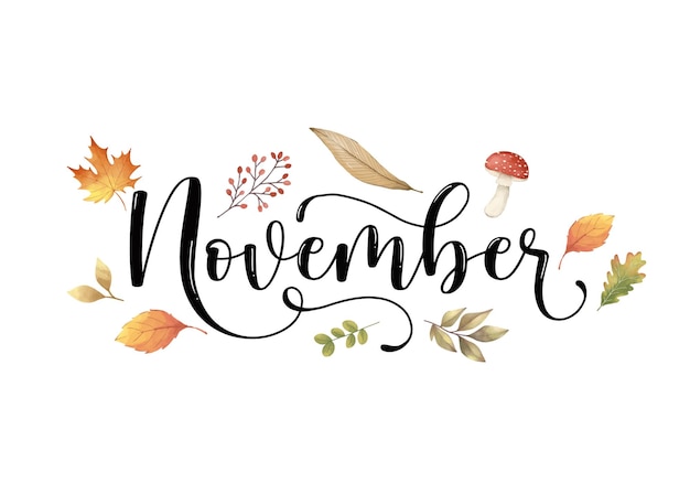 Handgetekende november maand belettering voor thanksgiving omslag poster banner flyer sociale media sjabloon