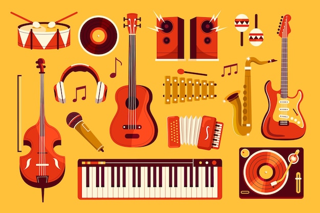 Vector handgetekende originele muziekcollectie met muziekinstrument op gele achtergrond