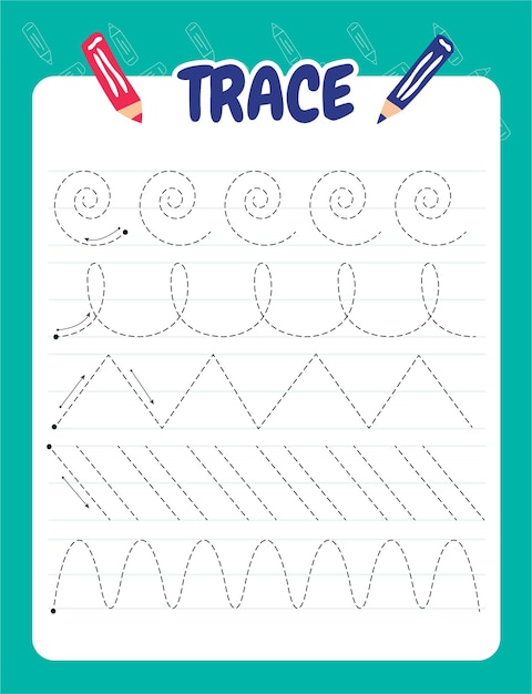 Vector handgetekende overtrekwerkbladen voor kinderen pencontrole en handschriftoefeningen