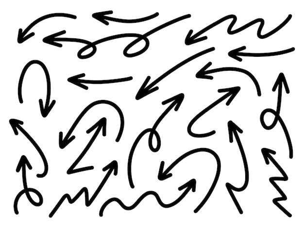 Handgetekende pijlencollectie set eenvoudige platte pijlen geïsoleerd op witte achtergrond pijlmarkering pictogrammen