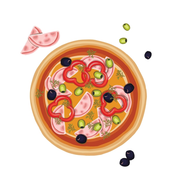 Handgetekende pizza met olijven en paprika's illustratie