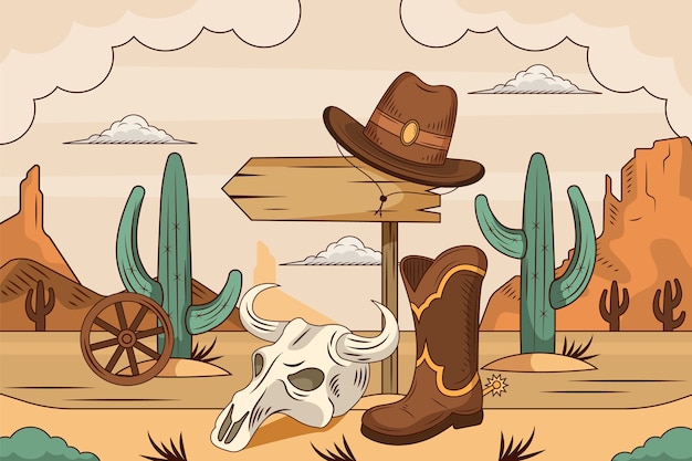 Vector handgetekende platte cowboy compositie achtergrond met wild west landschap