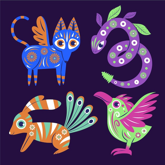 Vector handgetekende platte dia de muertos alebrijes collectie