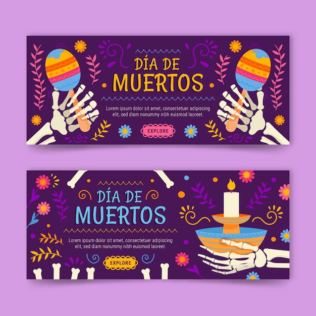 Vector handgetekende platte dia de muertos horizontale banners set